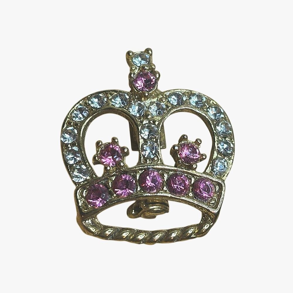 Vintage Gold Tone Crown Brooch Pink Clear Rhinestone Princess Pin Jewelry